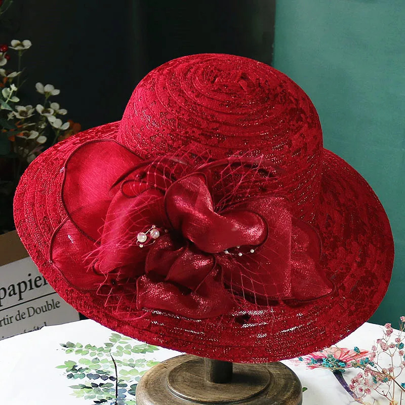 Sun hat for women in spring and summer elegant mesh pearl flower sun hat foldable outdoor large edge lace breathable beach hat 250320