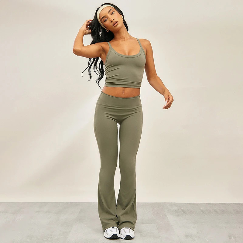 CUTENOVA 2025 Spring Summer Solid Color Backless Halter High Waisted Skinny Flared Pants Set Lift Hip Sporty Sets 250319
