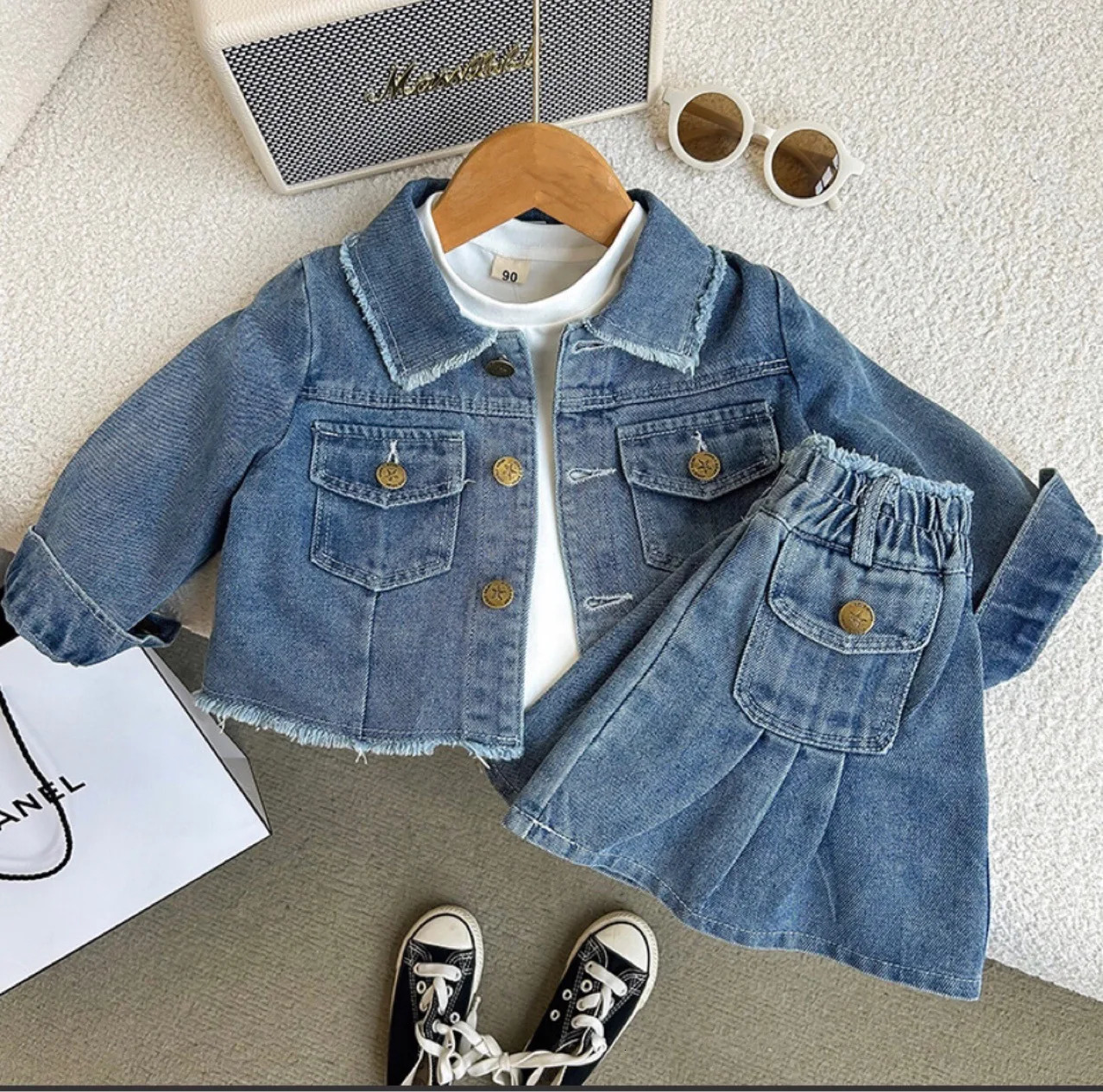 Spring Autumn Blue Retro Turndown Collar Long Sleeves Girls Solid Color Cotton Denim Jacket Short Skirts Twopiece Suit 250319