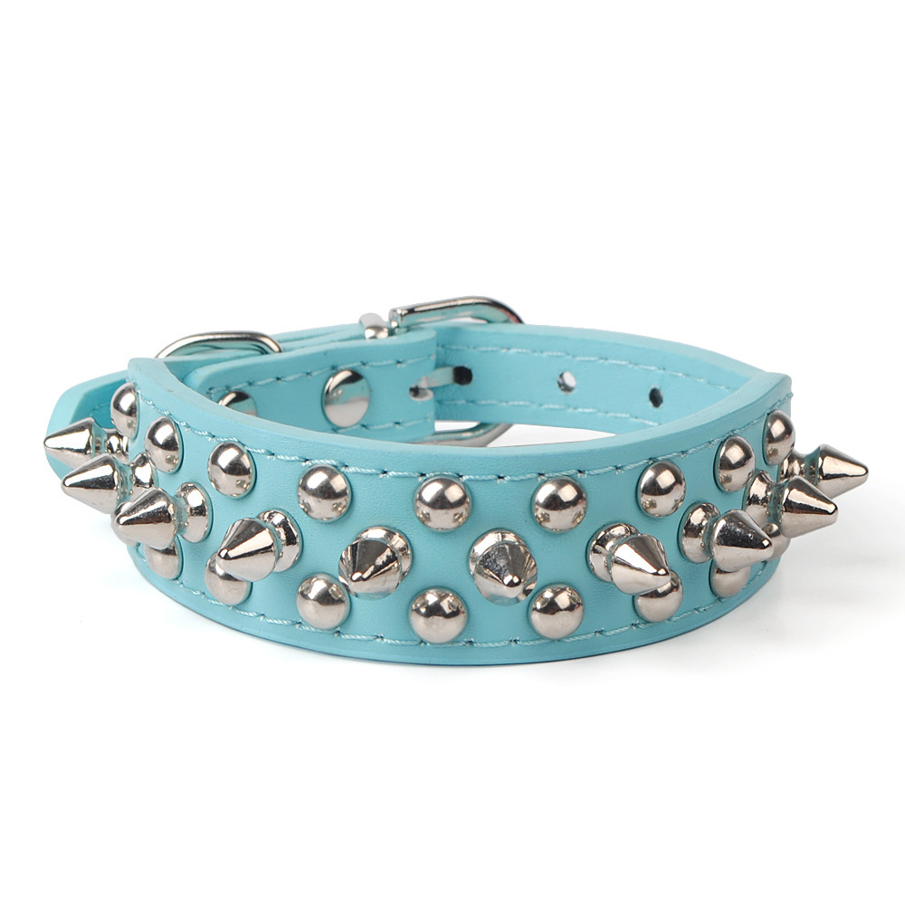 Hot selling explosive punk style cool leather thickened metal spikes anti bite adjustable pet dog collar, suitable for outdoor walks