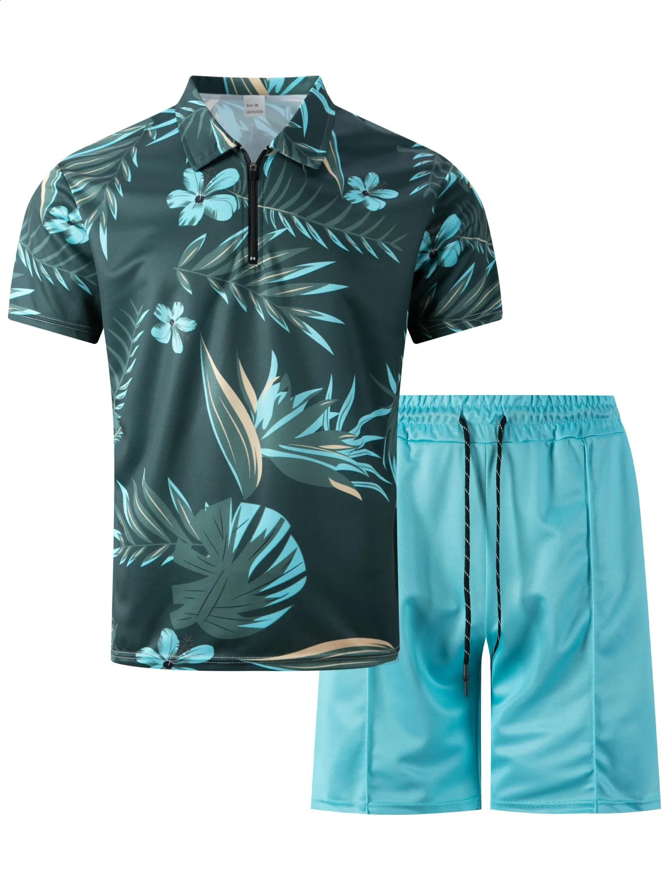 Summer Mens Beach Casual Zipper Top Short Sleeve Printed T-shirt Two Piece Brushed Shorts Set 250314