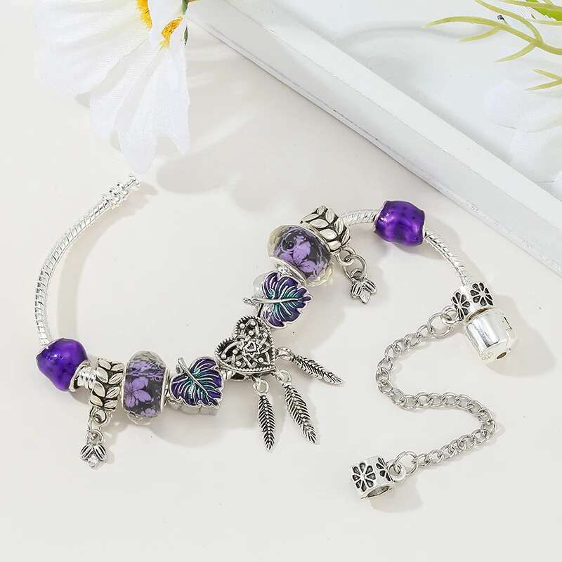 Silver Color Leaves Beads Charm Bracelet With Feather Pendant DIY Fashion Bracelets Jewelry For Women Girlfriend Dropshipping