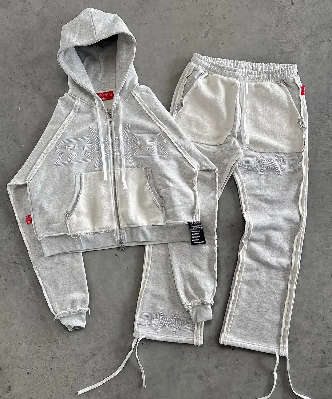 Y2k mens sportswear letter pattern ed pocket patch Harajuku zipper hooded sweatshirt twopiece set 250317
