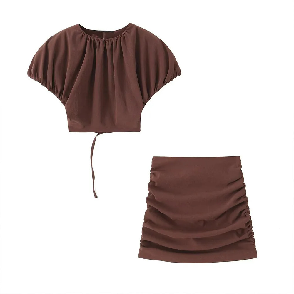 ZBZA womens pleated top short skirt round neck puff sleeve backless Aline mini springsummer chic set 250320