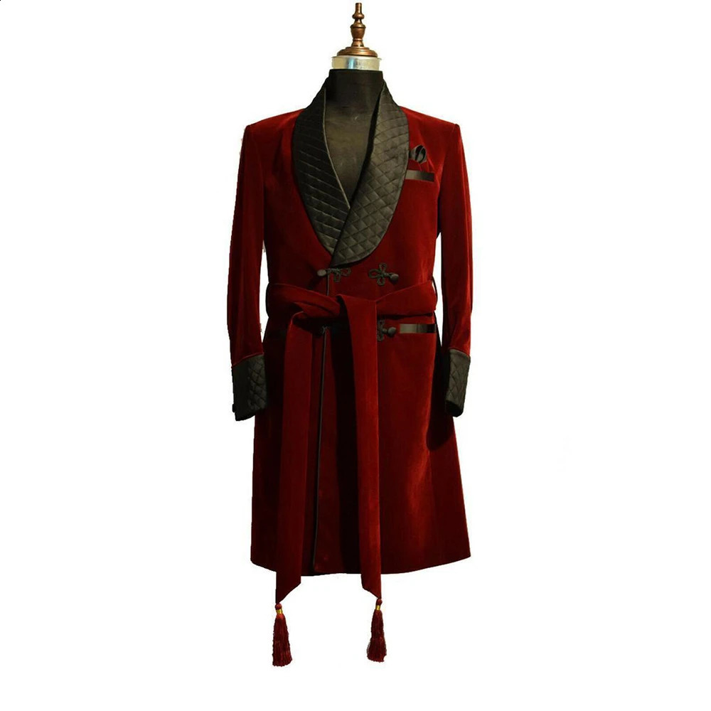Burgundy Velvet Mens Long Jacket Black Shawl Lapel Double Breasted Smoking Coat Male Casual Clothing Blazer 250311