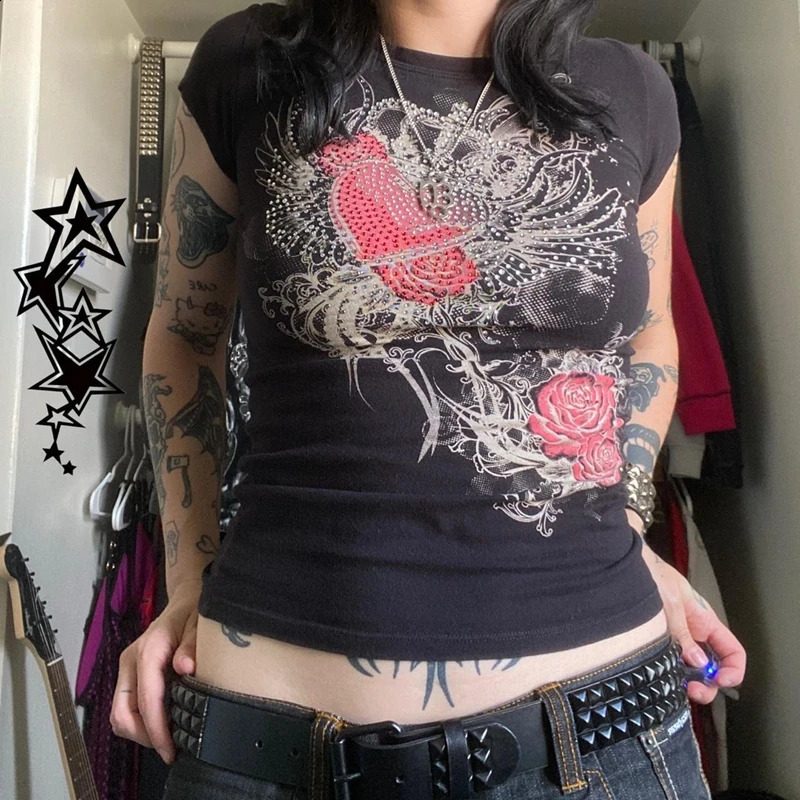2000s Retro Y2K Cybery Grunge Emo Baby Tees Rhinestone Graphic Print T-shirt Japanese Harajuku Mall Goth Short Sleeve Crop Tops 250319