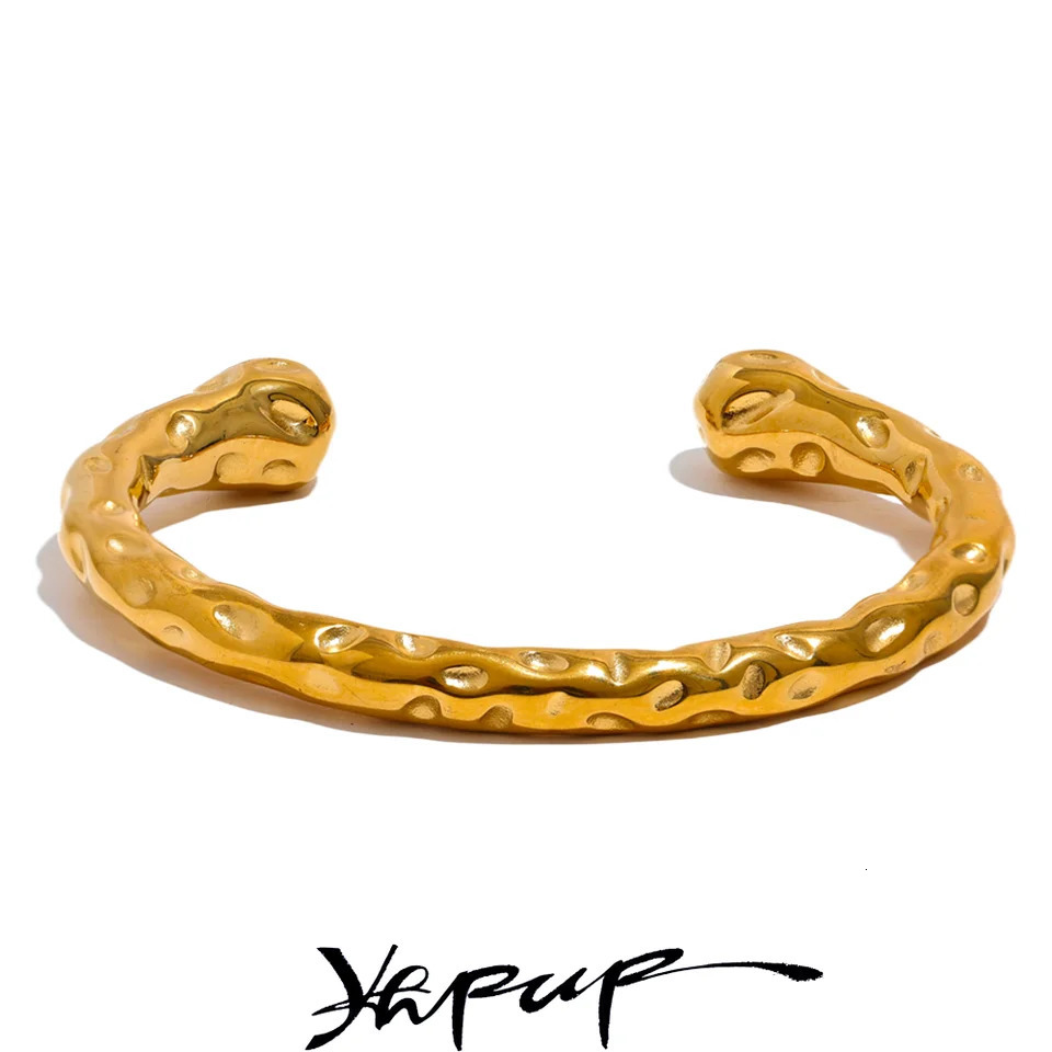 Yhpup Waterproof 316l Stainless Steel Metal Geometric Open Cuff Bracelet Bangle Statement Gold Color Texture Vintage Jewelry 250320