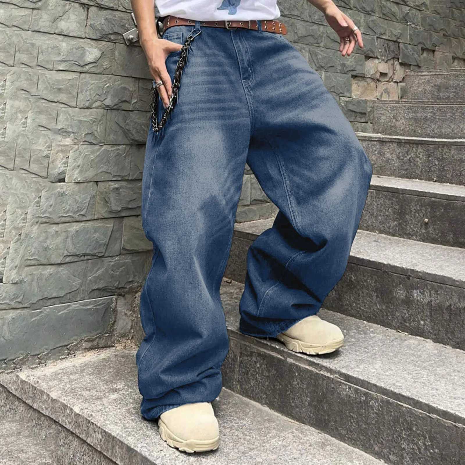 Mens loose denim pants wide legs high waistband casual Trousers loose plus size fashionable streetwear mens hip-hop streetwearT250319