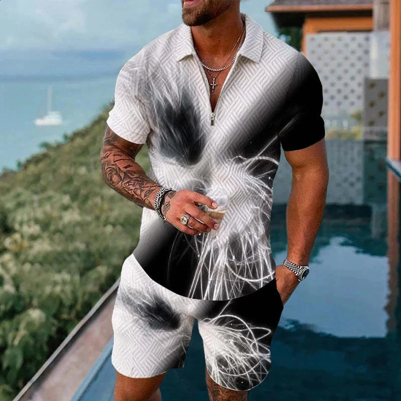 Solid Color Gradient Print Men Sweatsuit Set Summer Casual Zipper Polo Shirt And Shorts 2pcs Sets Fashion Man Pullover Clothing 250318