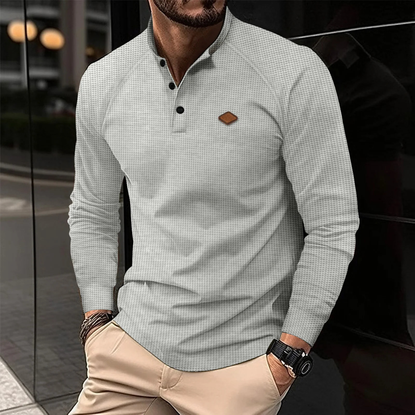 -Selling Vintage Waffle Mens Henry Shirt Breathable Casual Business Mens button-down Round Neck Long Sleeves 250319
