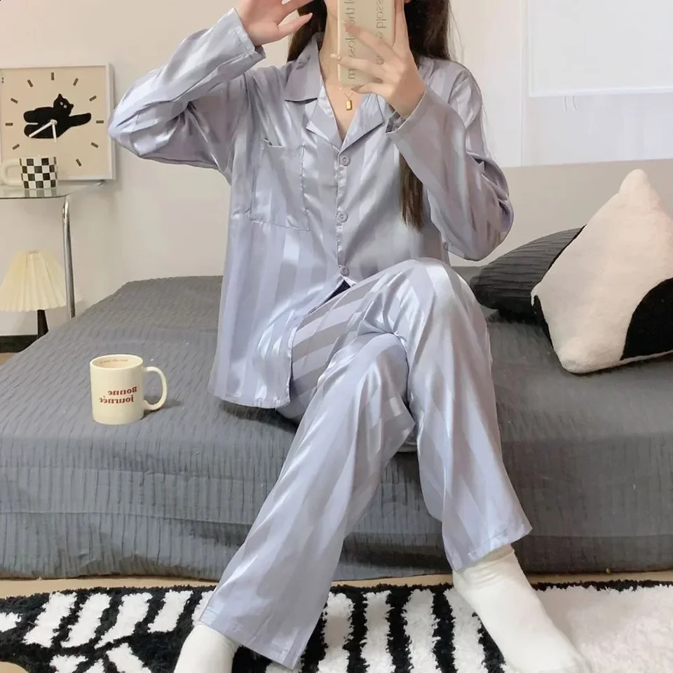 Women Pajamas Striped Pijama Sets Silk Satin Female Home Clothes Sleepwear Longsleeve Shirt Pants Homewear Shirt Pants Loungewea 250319