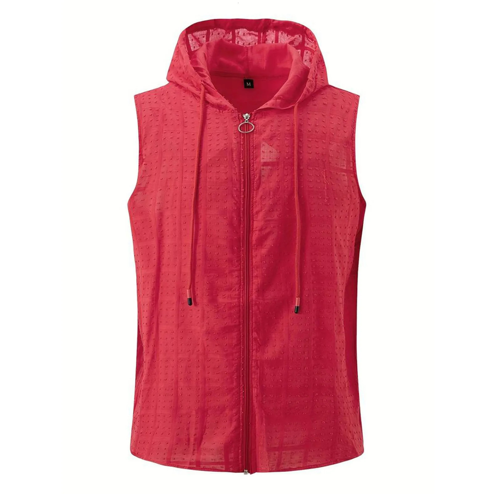 Sports mesh vest mens hooded zipper cardigan summer fashion plain weave sleeveless Tshirt 250320