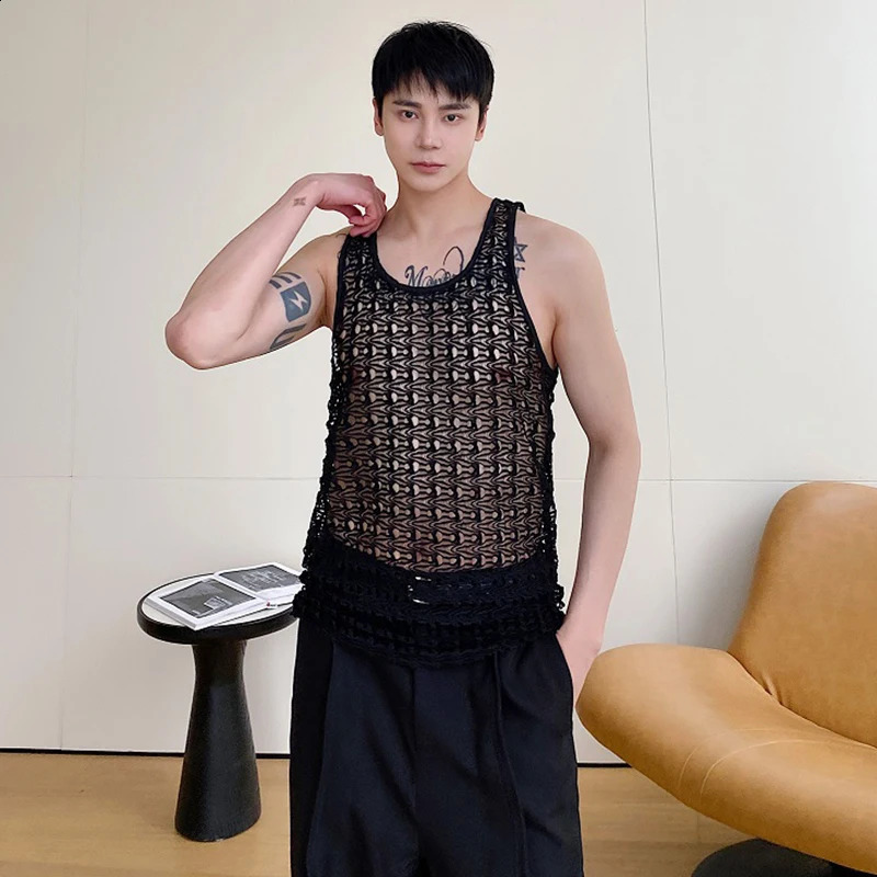 LUZHEN Summer Hollow Perspective Trendy Sleeveless Tank Top Personalized Fashion Street Original Mens Tank Top LZ2121 250318