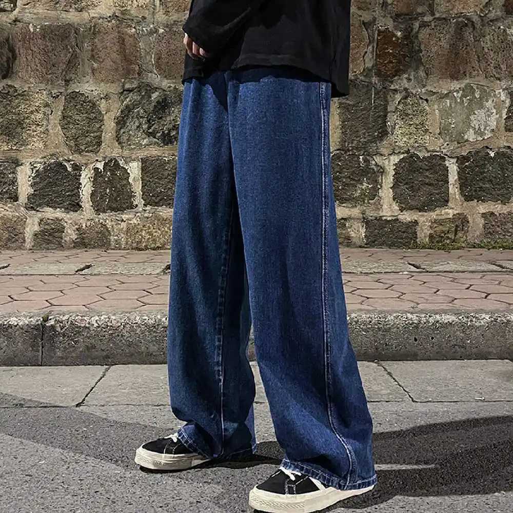 Mens solid color drawstring jeans loose straight Korean retro street hip-hop Y2K casual daily drawstring wide leg pantsT250319