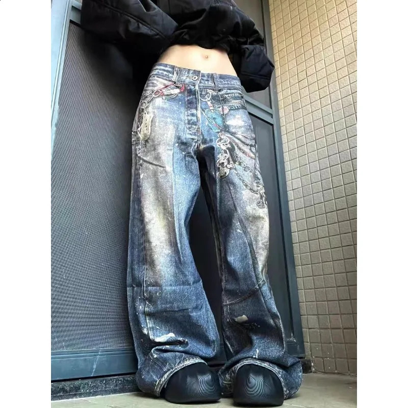 American Vibe Large Size Heavy Industry Chain Printed Jeans for Women Street Hip-Hop Straight Loose Slimming Wide Legs pants 250319