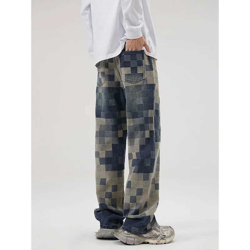 Mens jeans casual bag mosaic blue autumn and winter American style street fashion straight wide leg oversized TrouserT250319
