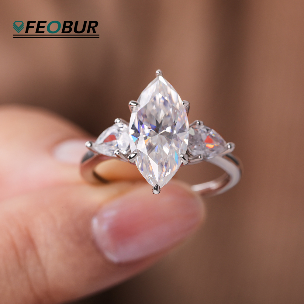 FEOBUR 3Carat Marquise Cut Moissanite Ring for Women 925 Sterling Silver Lab Grown Diamond Rings Engagement Wedding Band Jewelry