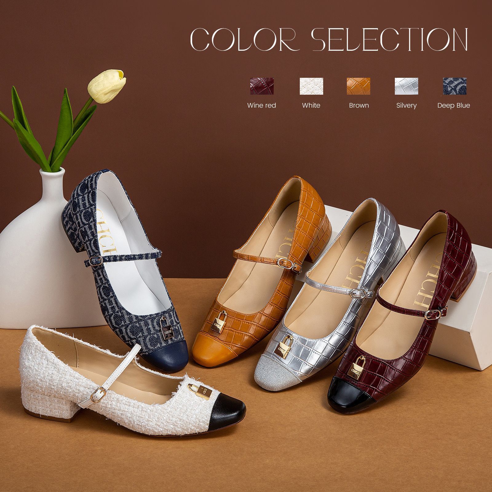 Designer CHCH French Coarse Heel Shallow Mouth With One Word Strap Mary Jane Shoes Small Fragrant Style Classic Splicing Women's Single Shoe