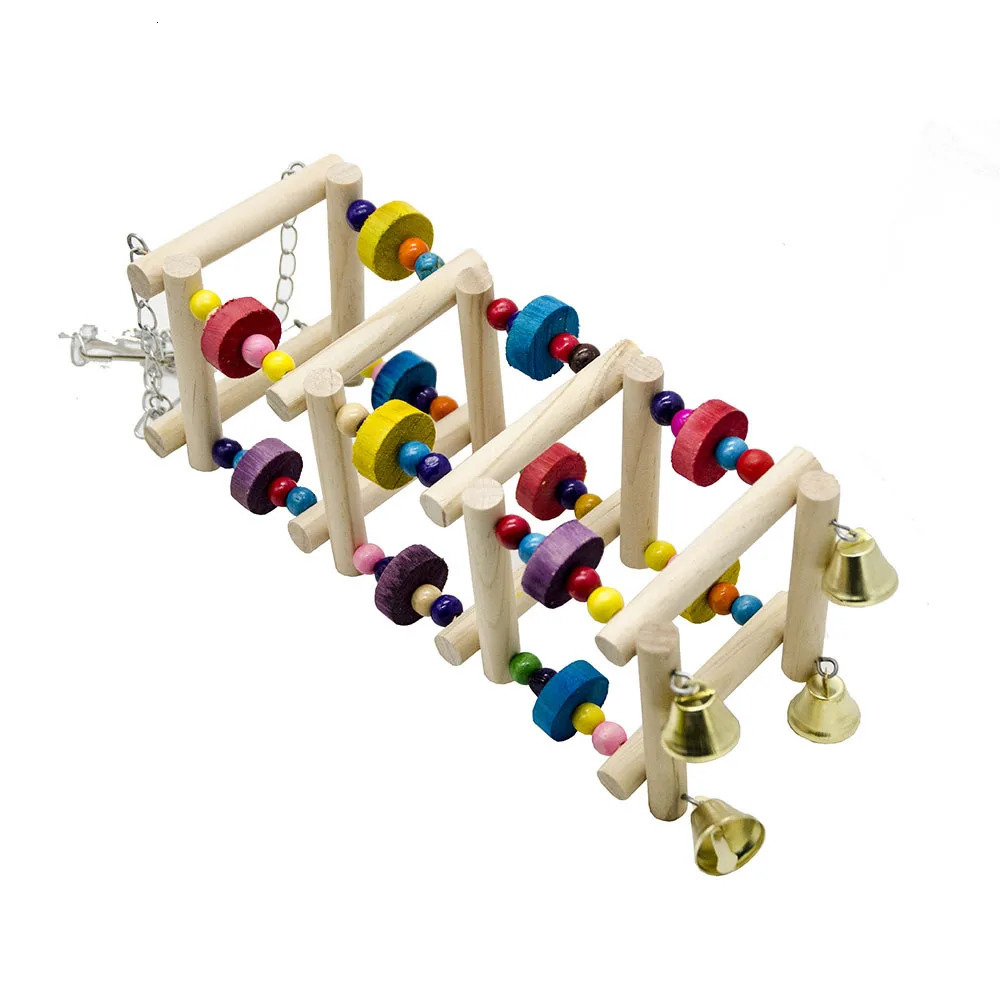 Wooden parrot hanging rainbow pendant training ladder toy with bell birdcage pet accessories suitable for large and small birds 250320