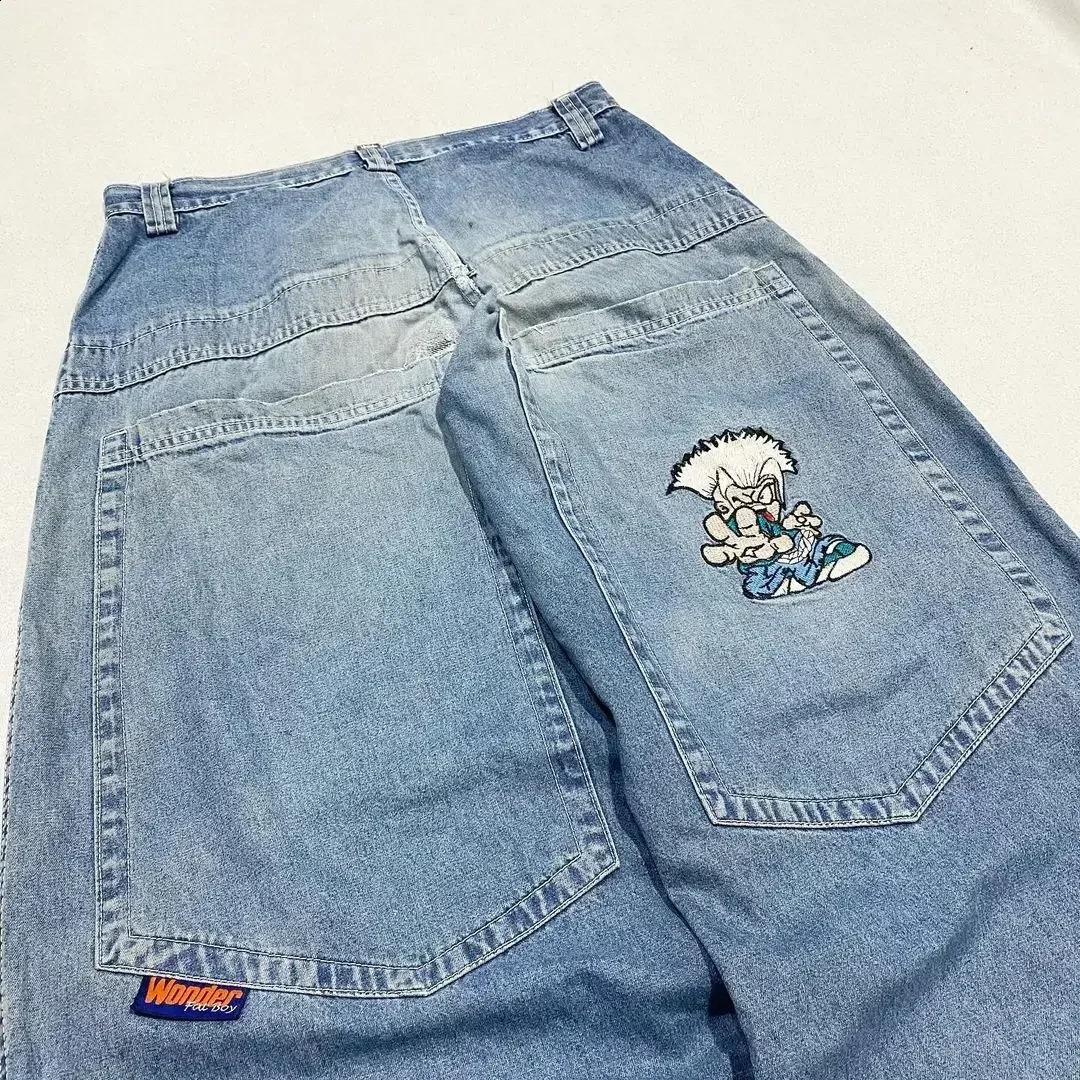 Y2K Kawaii Cartoon Characters Embroidered Light Blue Washed Baggy Jeans Japanese Harajuku Gothic Skateboard Pants Street Clothes 250314