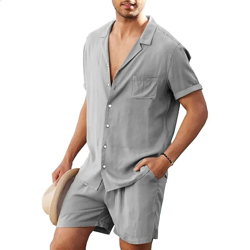 ropa hombre mens linen short sleeved shirt set linen summer loose casual cotton cardigan shirt shorts 250319
