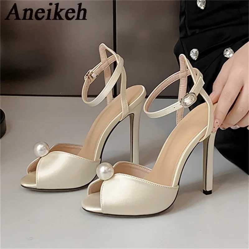 Aneikeh satin bead urine toe pump thin H gladiator Fi ankle strap sandals 2025 wedding bride shoe temperature Y250319