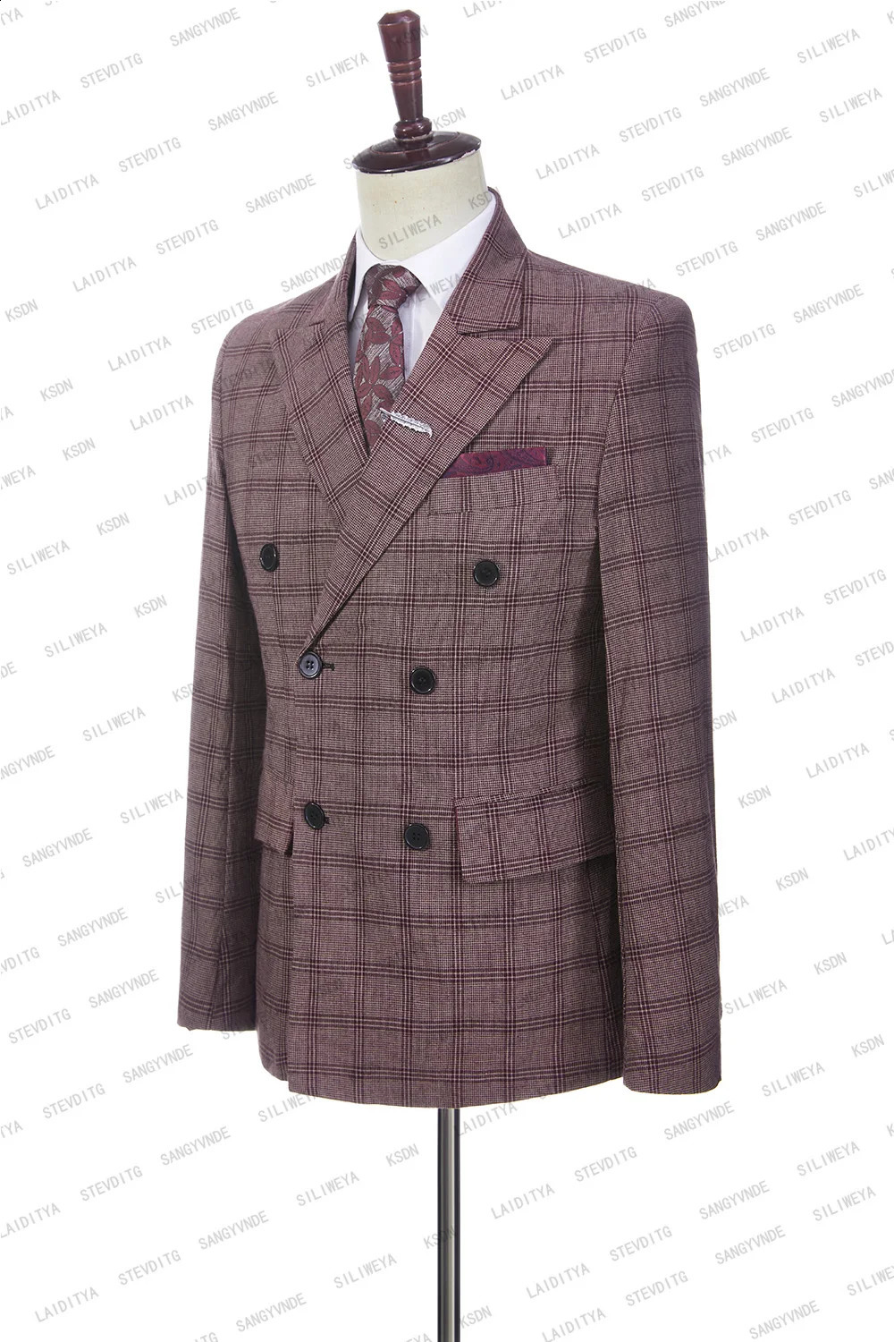 Mens Wedding Plaid Burgundy Blazers Jacket Pants Vest 3 Pcs Set 2025 Slim Fit Business Tuxedo Dress Classic Formal Suits Coat 250311