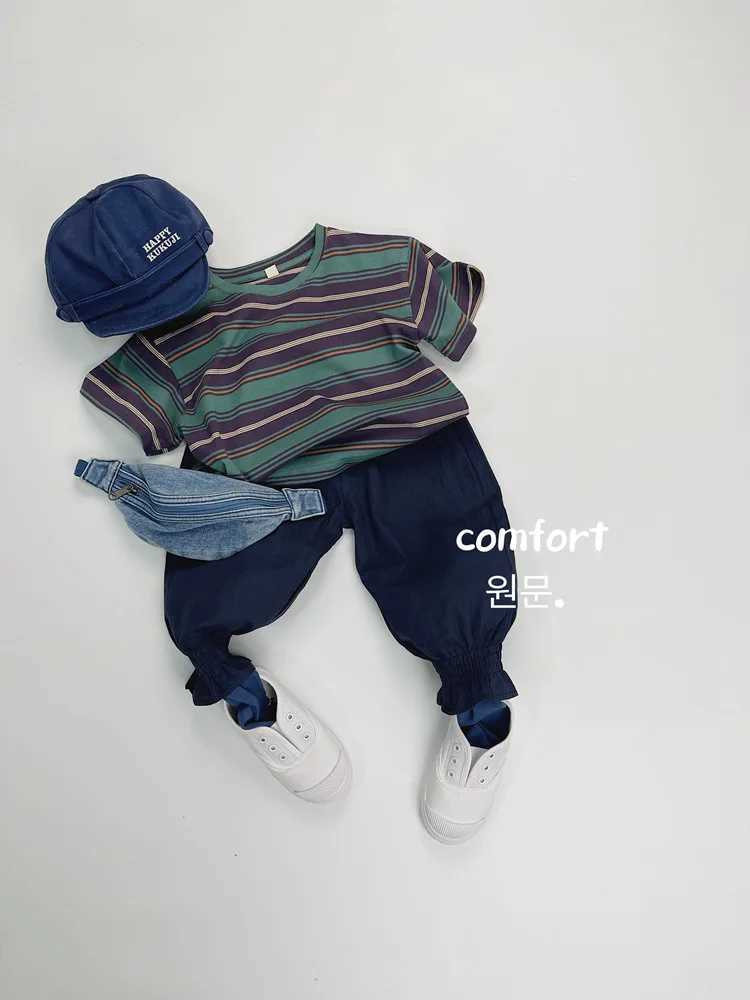 2025 Summer New Childrens Short sleeved T-shirt Cotton Boys Casual Striped T-shirt Versatile Tops Childrens ClothingT250320