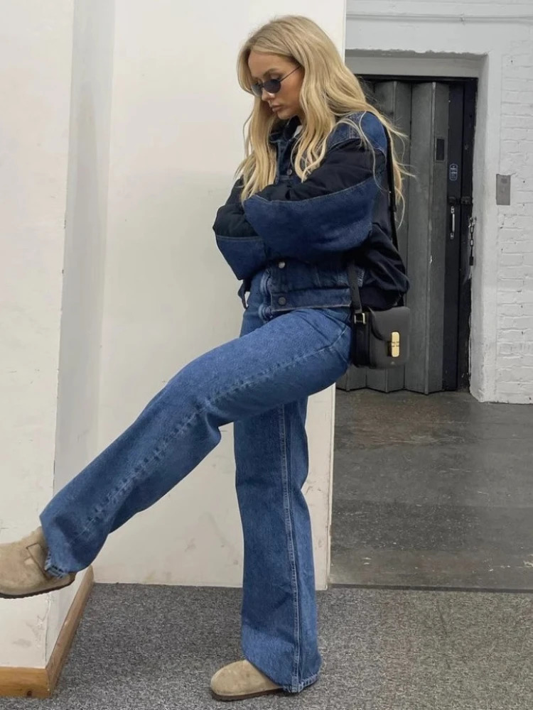 ZBZA Womens Retro Patchwork Denim Jacket with Collar Long Sleeve Single Chest Short Bomber Fashion 250314