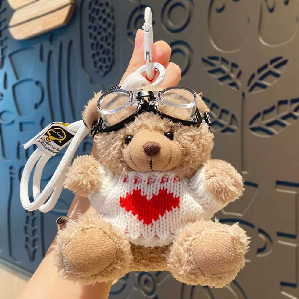 Kawaii Goggles Pilot Bear keychain Bell pearl plush bear keychain heart-shaped pink stuffed animal pendant femaleXJ250319