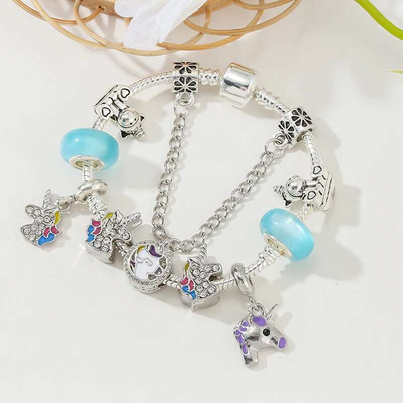 Animal Series Cute Unicorn Pendant Charm Bracelet With Blue Glass Beads Bracelets Bangles For Women Kids Jewelry Gift Pulseras