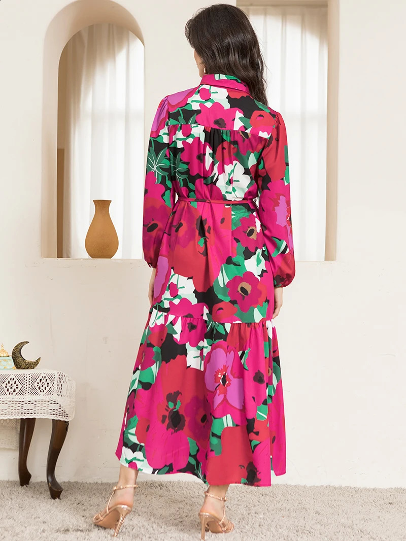 Sweetheart collar long sleeved button waistband polka dot printed rose pink long skirt 250317