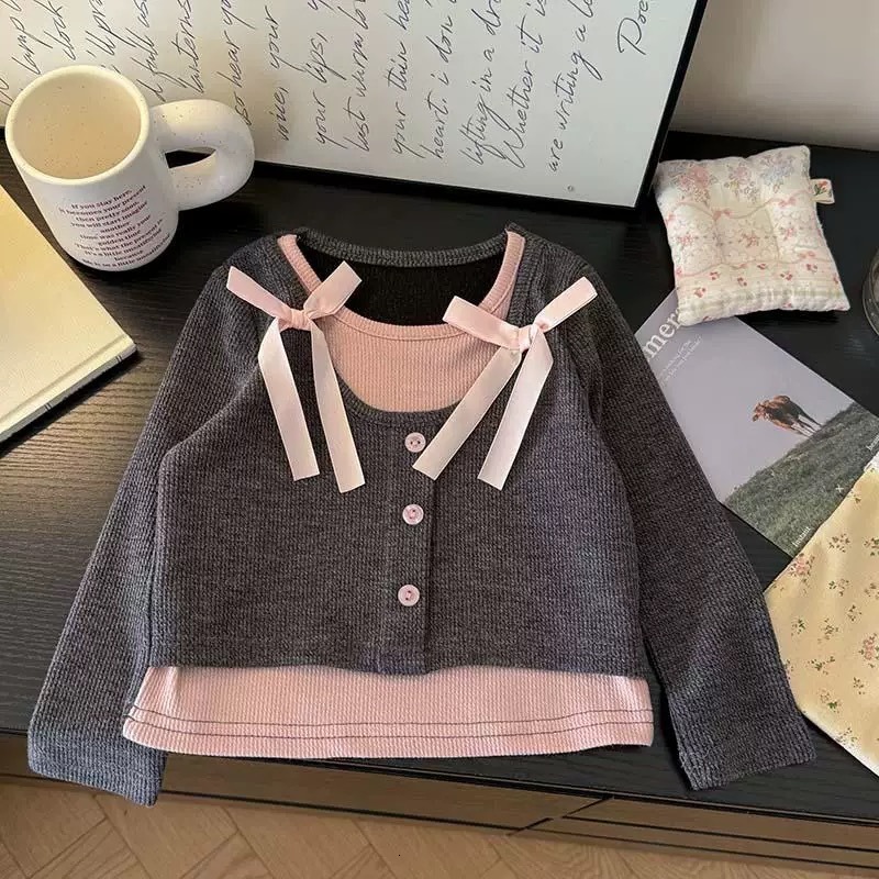 Ddmyshoesvip Girl S Spring Sweet Fake Two Piece T Shirt New Korean Version Versatile Women S Treasure Fashion Western Bow Top