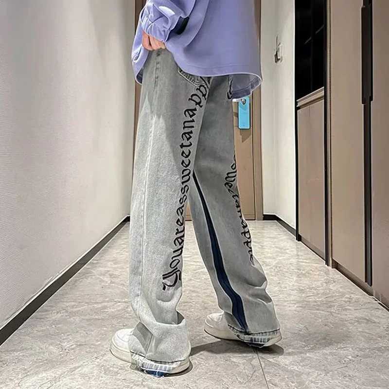 Mens Brand Retro Streetwear Trousers Male Fashion Hip-hop Chic Casual Loose Straight Pants Goth Punk Letter Print Baggy JeansT250319