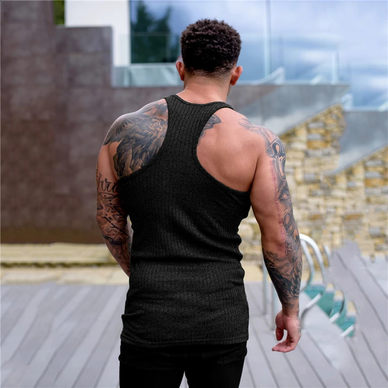 Pit striped knitted Y back fitness vest top mens bodybuilding pendant single sleeve slim fit muscle sleeveless sports shirt 250319