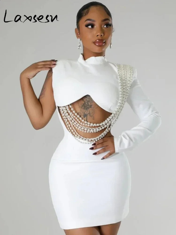 Laxsesu Women Full Sleeve Elegant O-neck Mini Dress Summer Pearl String Sexy Street Night Club Party Vestidos Dresses 250319