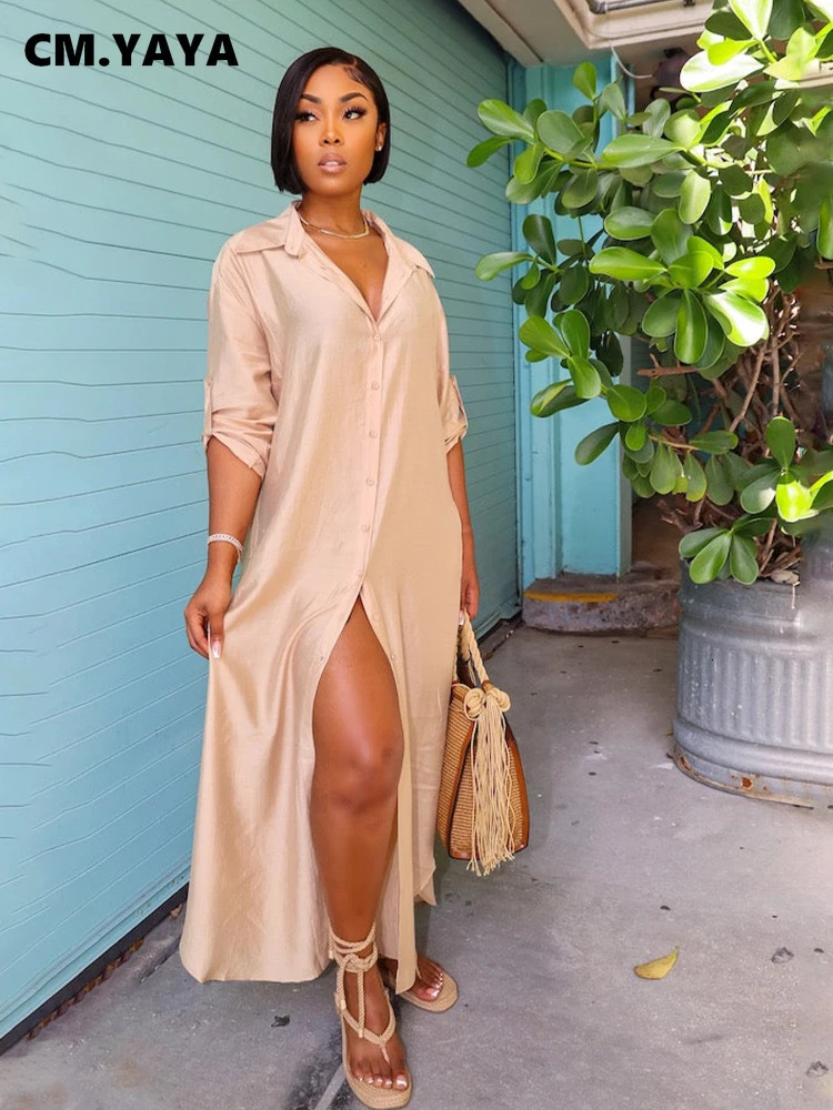 CM.YAYA Women Full Sleeve Turn-down Neck Single Breasted Shirt Satin Maxi Long Dress Vestidos Summer Party Loose Dresses 250320