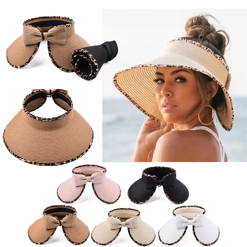 Women Summer Leopard Visors Hat Foldable Wide Large Brim Beachs Hats Outdoor Femme Bow Uv Protection Empty Top Straw Caps 250320
