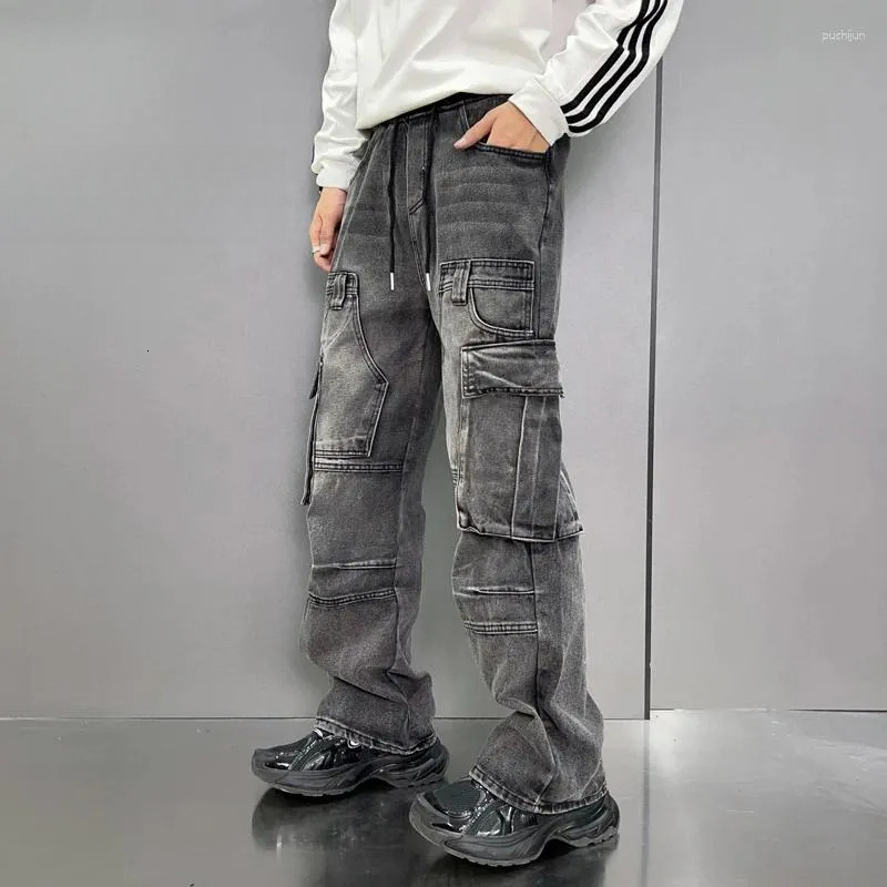 2025 S Fashion Designer Men S Jeans Hip Design Dark Grey Cargo Pants For Men Loosen Fit Wide Leg Spliced Denim Trousers