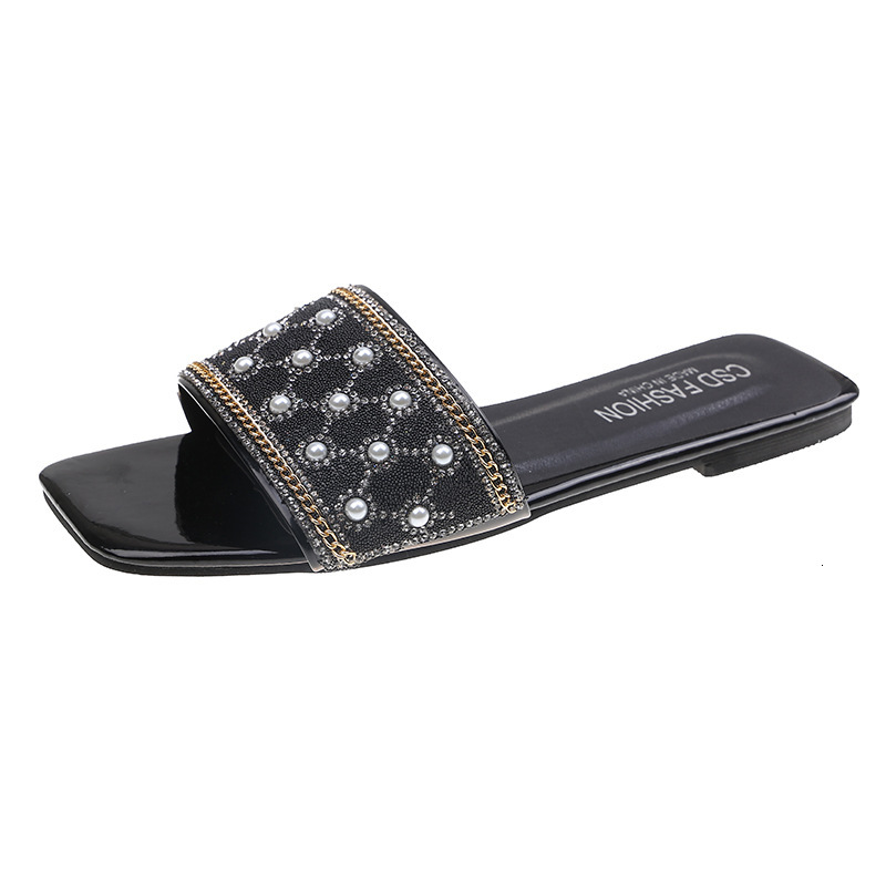 2025 New Korean Pearl Decoration Flat Slippers Designer Square Head Single Foot Women's Sandals Beach Sexy Leisure Sports Pearl Slippers