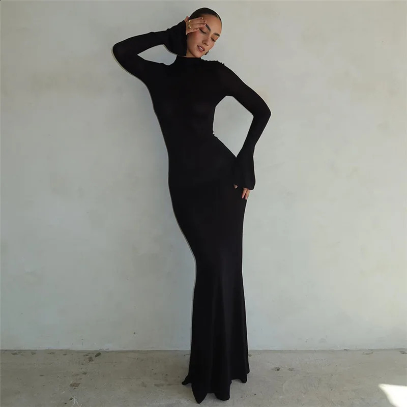 Autumn Winter Backless Sexy Party Club Black Bodycon Maxi Dresses Outfits for Women Long Sleeve Y2K Dress Vestido Streetwear 250319