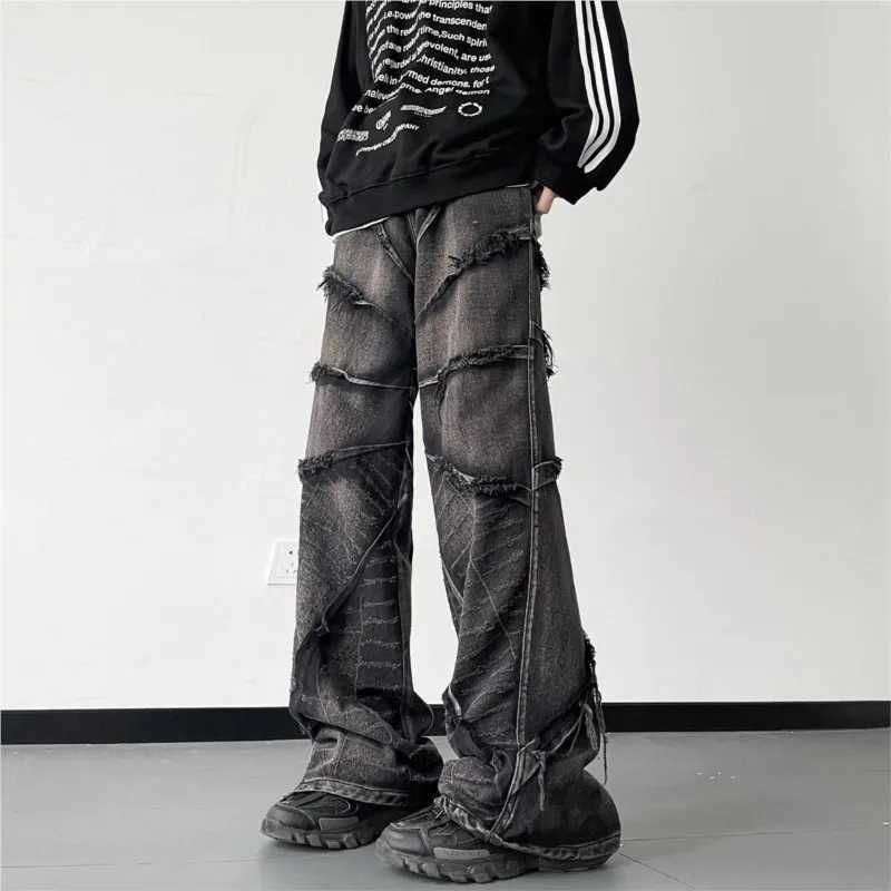 Striped fringe torn jeans mens fashion wide leg hip-hop lazy style jeans couple retro loose jeans mens denim jeansT250319