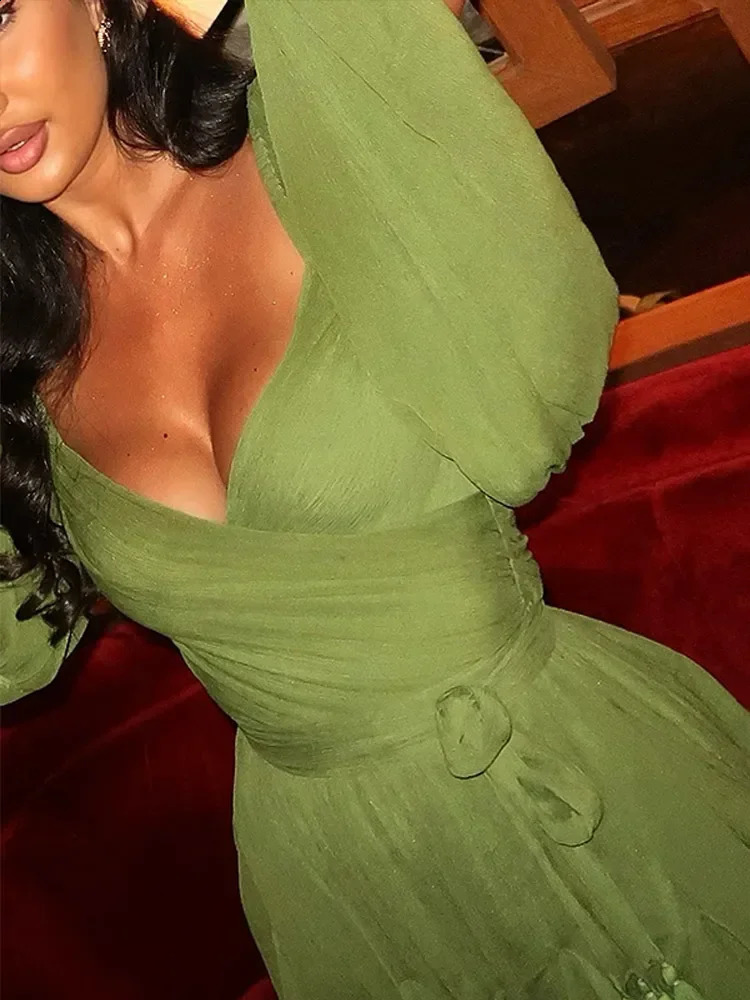 Green mesh chiffon ruffled lace mini dress sexy Vneck patchwork long sleeved ultrathin short skirt 2025 womens beach vacation party 250319