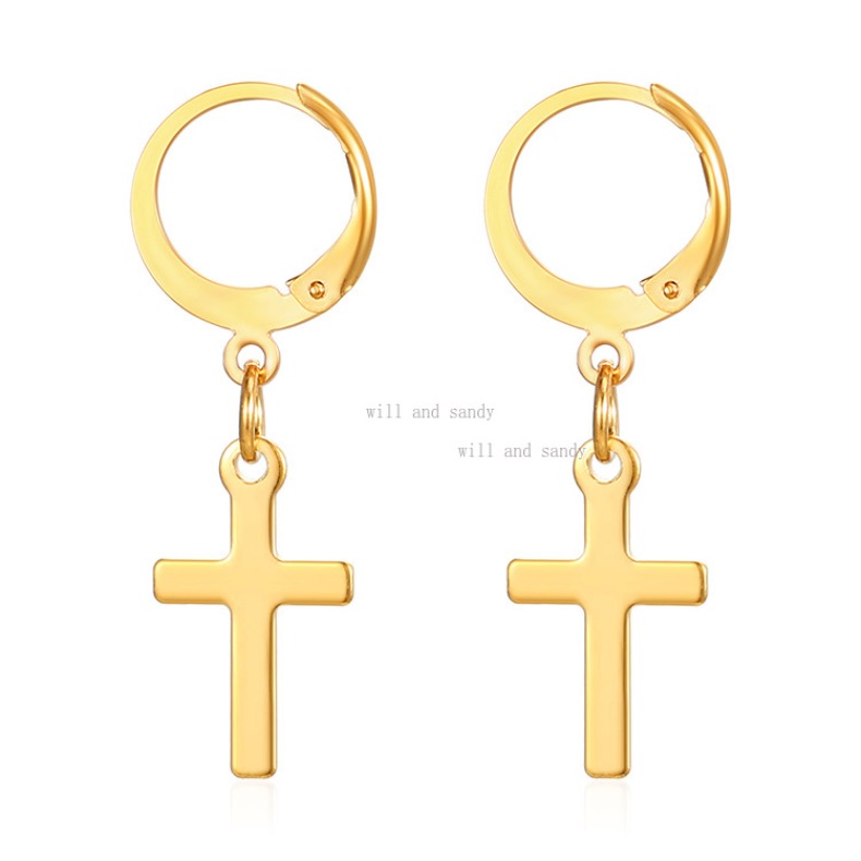 Anti Allergy 18k Gold Drop Earrings Men's Womens Vintage Stainless Steel Cross Love Heart Key Dangle Hinged Hoop Earrings Cuff Fashion Jewelry