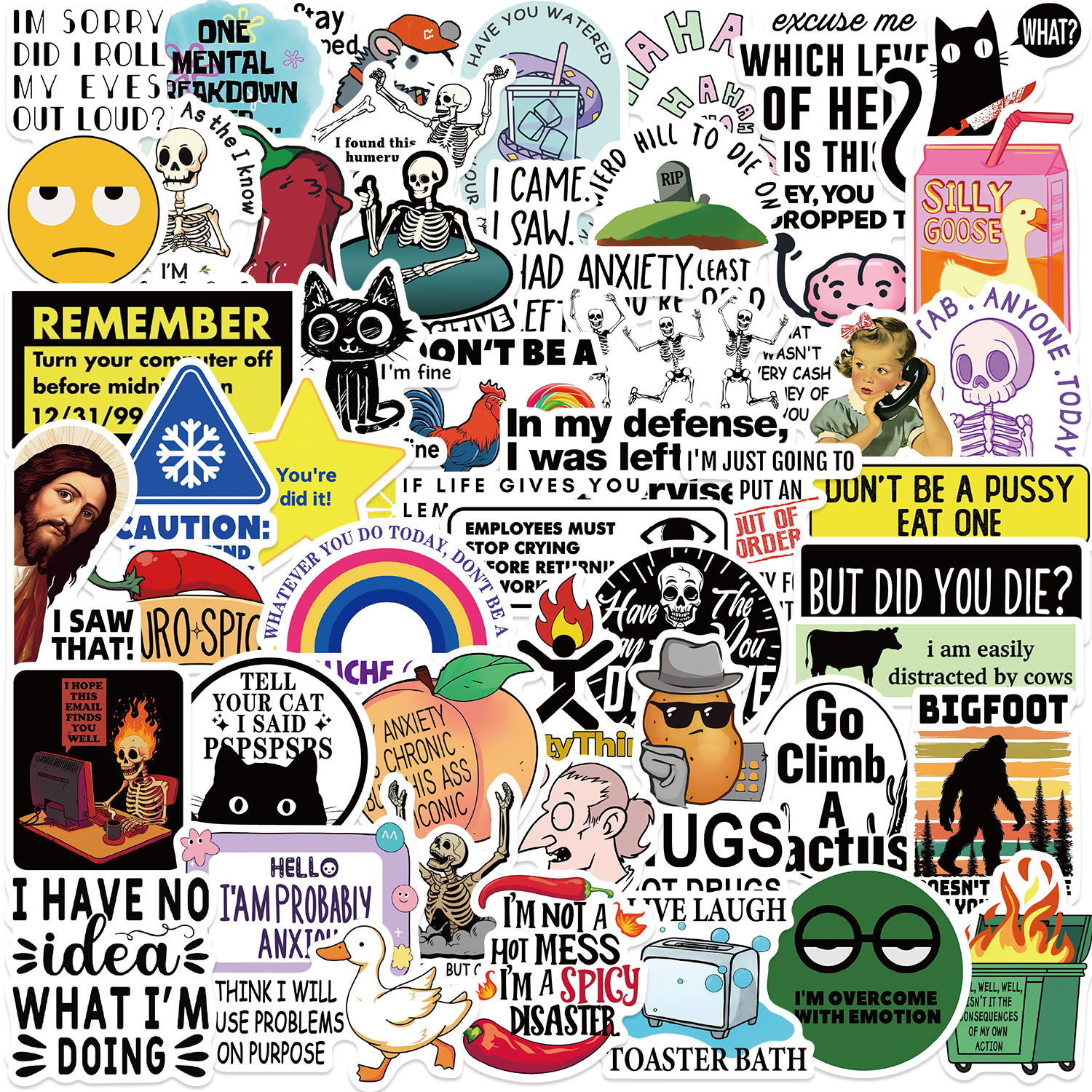 50 Cartoon Snarky Graffiti Stickers Decorative Guitar Notebook Luggage DIY Waterproof Decals