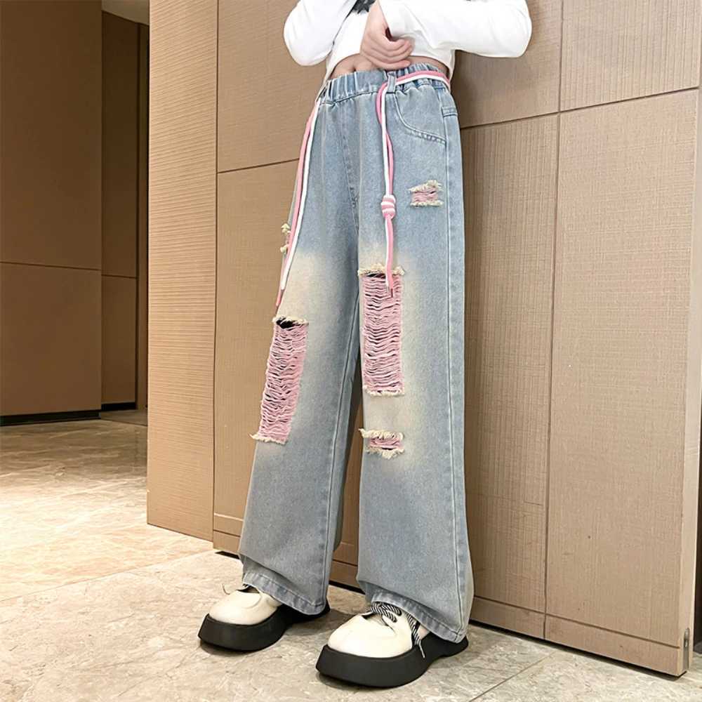 Girls Fashion Jeans 2024 Summer Thin Korean Edition Middle and Large Childrens Straight Cut Hole Jeans Fashion Wide Leg Pants 120-170CMT250326