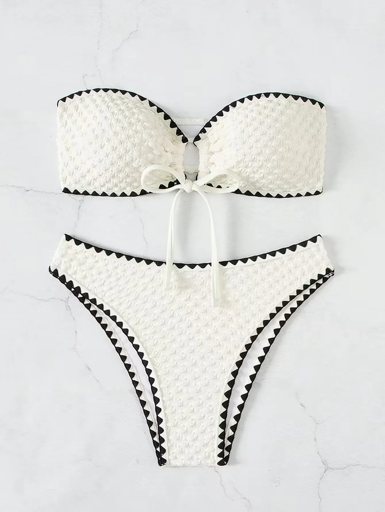 White Swimwear 2 Piece Strapless Swimsuit Women Sexy Bandeau Backless Bikini Set Laceup Patchwork Beach Bathing Suit 2025 250320