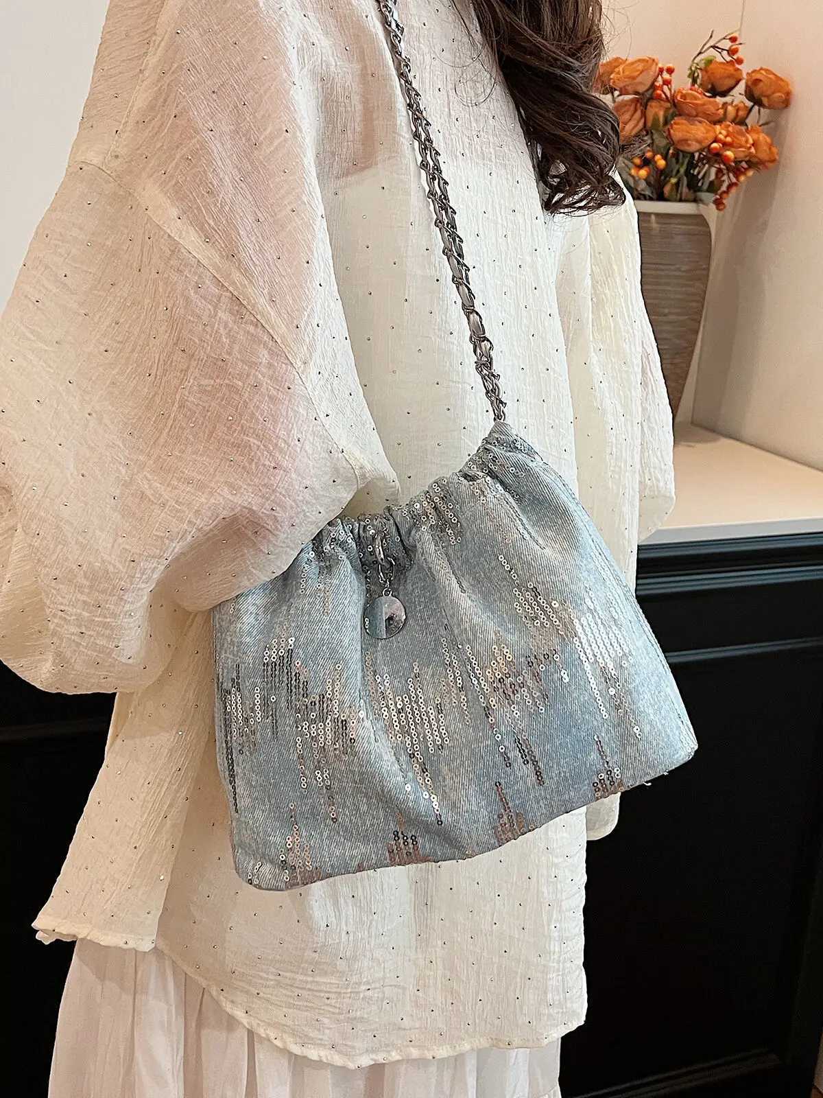 Glitter Chian Womens Cowboy Shoulder Bag 2024 Y2K Trend Korean Fashion Handbags and Wallets Womens Cross body Bucket Bag Y250319
