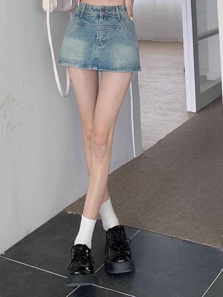 Summer womens Y2k loose denim skirt Korean womens high waisted dress Fe light blue black gray wrapped buttocks A-line short skirtXJ250320