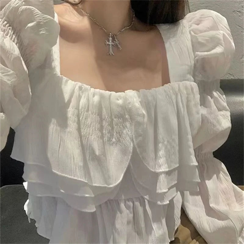 Womens Elegant Trend Ruffle Crop Top Sweet Korean Casual Purple Solid Long Sleeve Shirt and Fairycore Full Match 250319